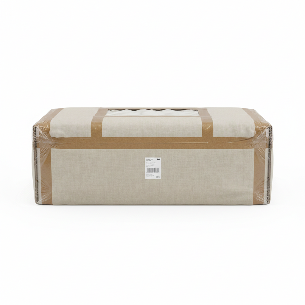 Finished upholstered piece wrapped in neutral packaging for retail delivery