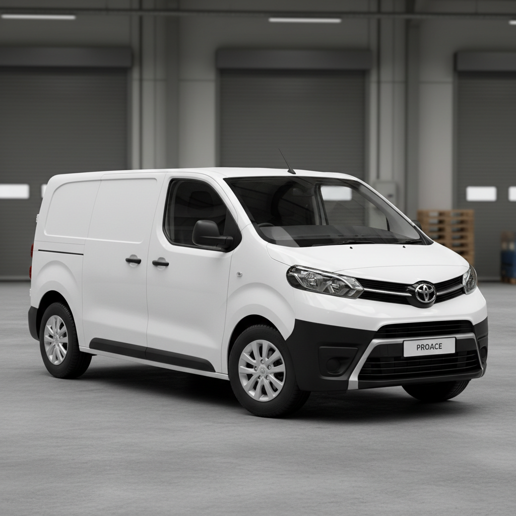 Electric cargo van at warehouse loading bay, bright industrial facility, clean modern vehicle