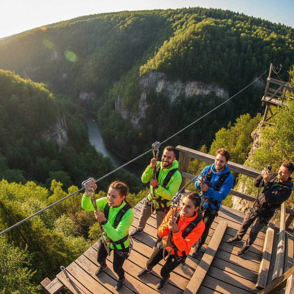 Group of friends on zip line platform preparing for launch over forest canyon