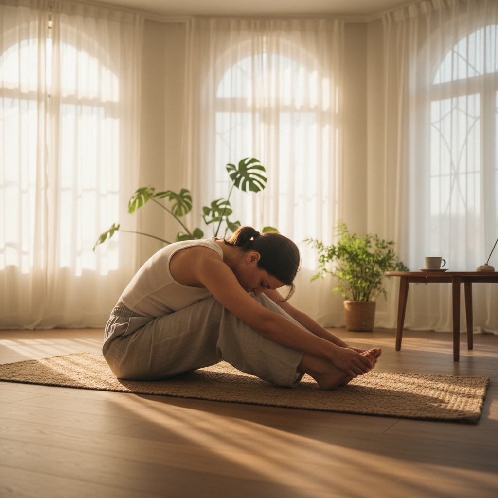 Person doing gentle stretching on a yoga mat in soft morning light