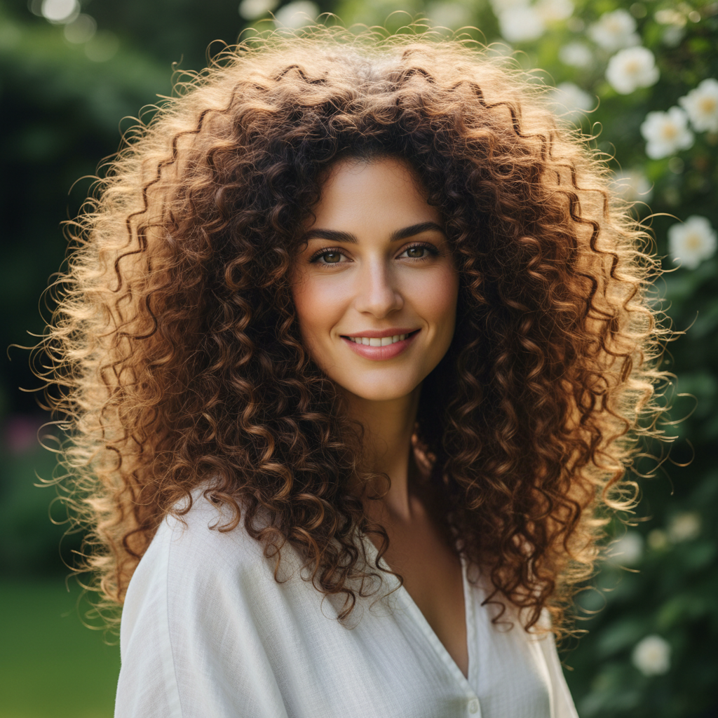 Woman with visibly voluminous, thick hair in natural sunlight showing hair density and fullness