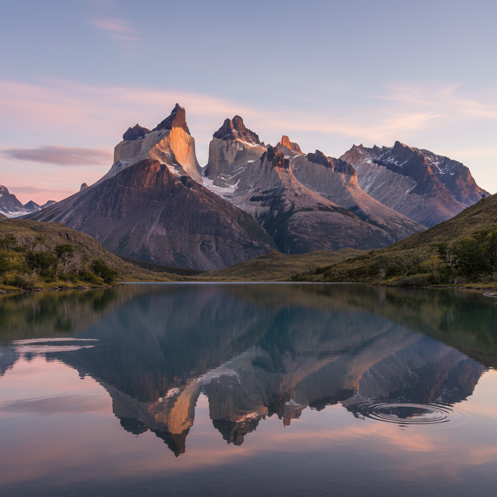 Dramatic granite towers of Torres del Paine rising above turquoise lake in Patagonia