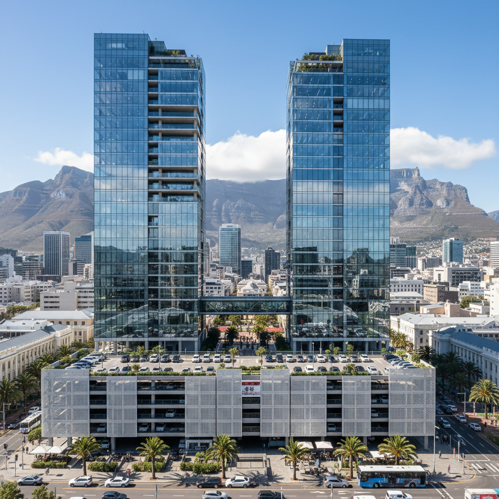 Modern Century City office and residential complex with parking structure and urban Cape Town skyline