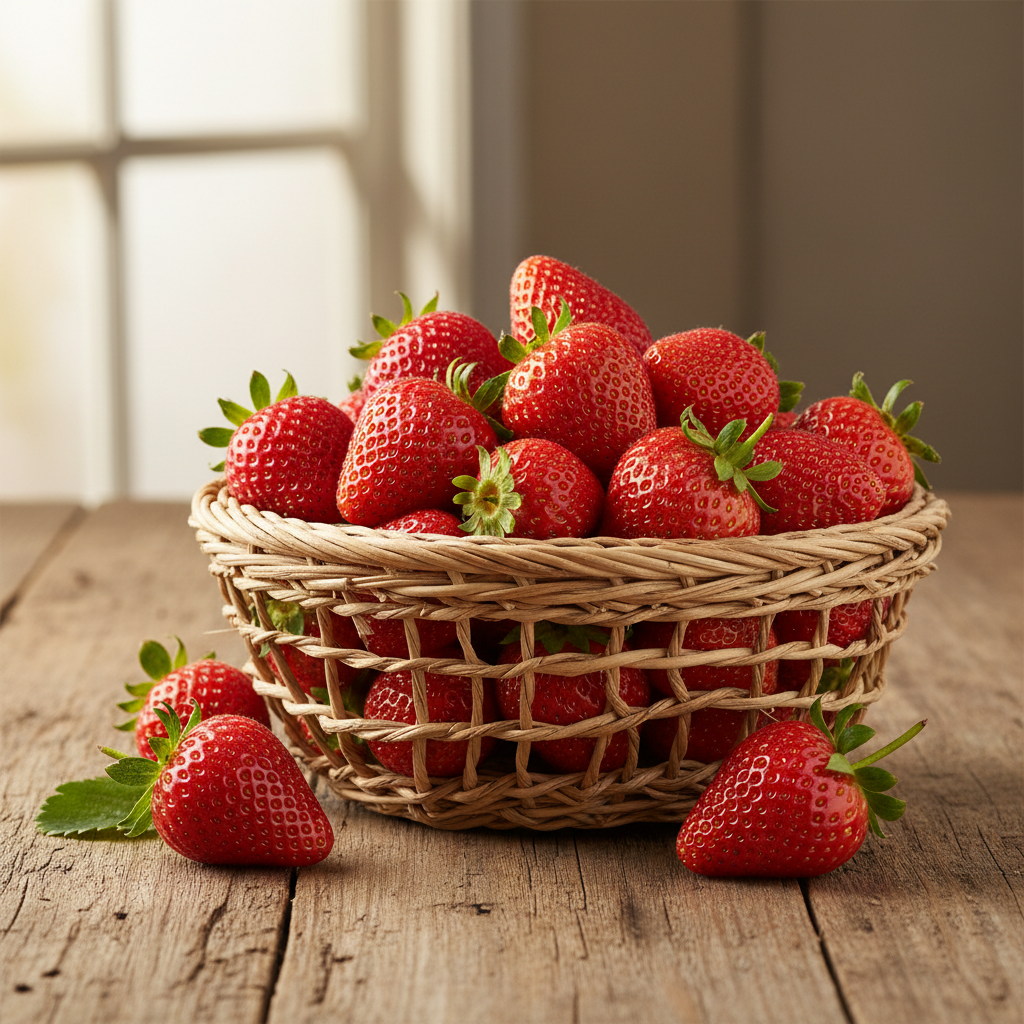Bright red ripe strawberries in a wicker basket on a farm table