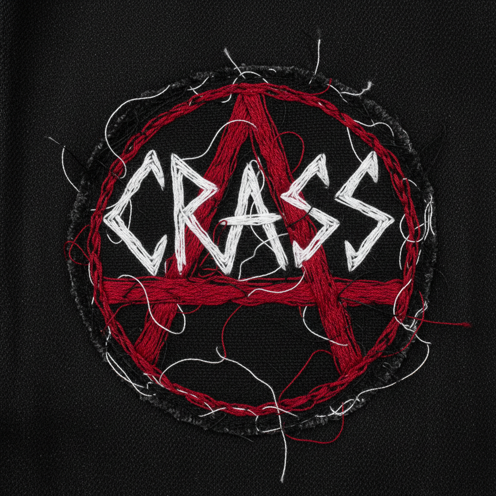 Hand-embroidered Crass patch on black denim background