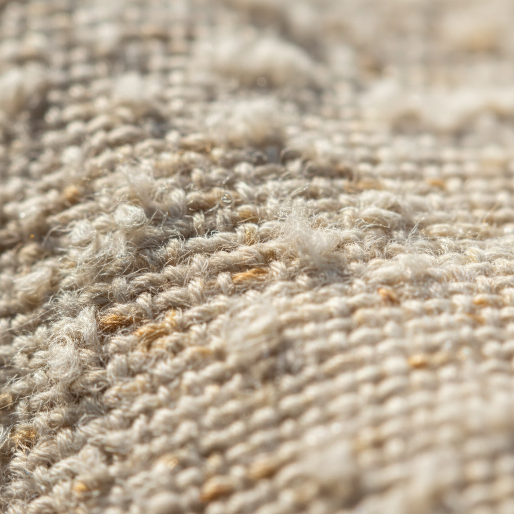 Close-up of natural organic cotton fibers and plant-based textile materials in warm natural light