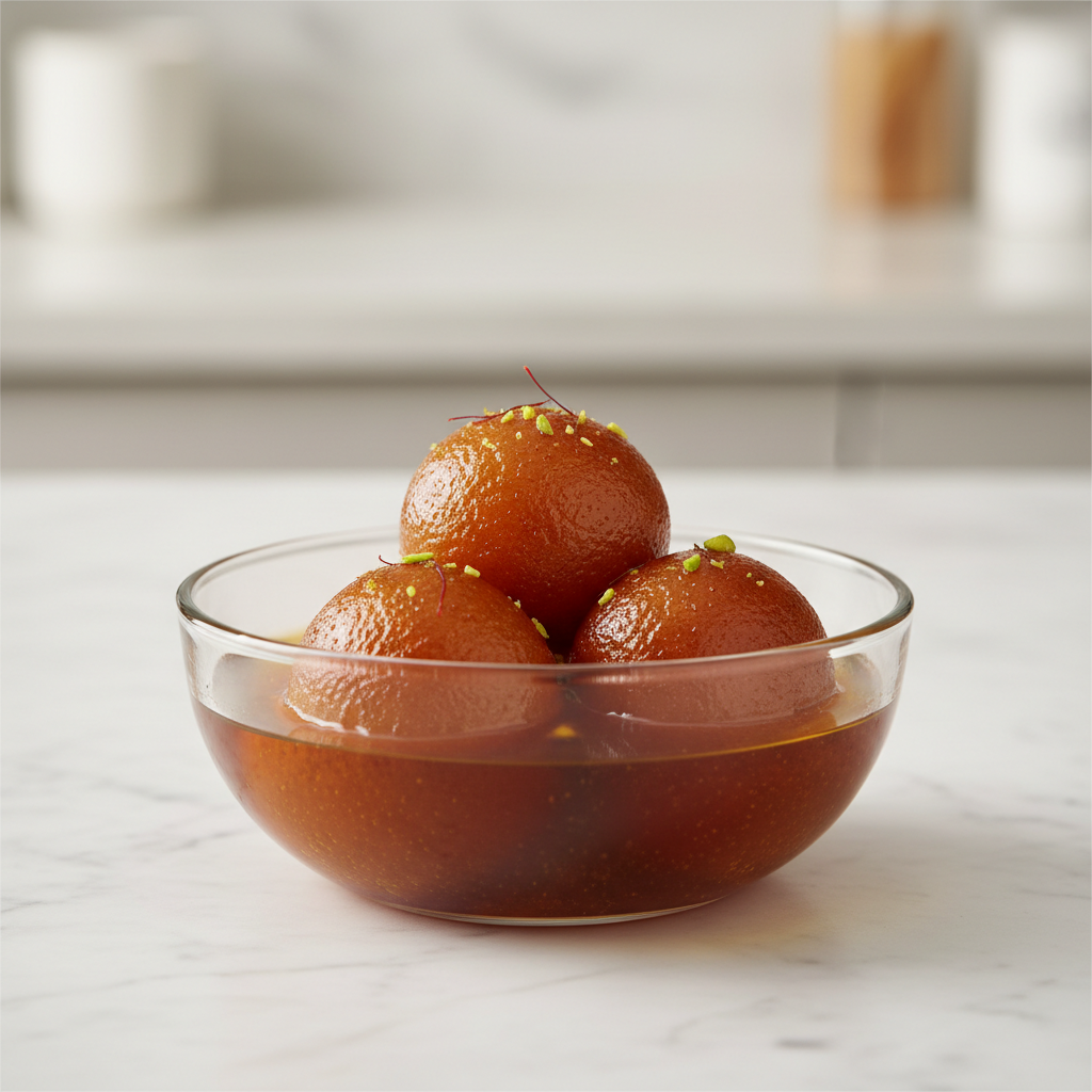 Three golden gulab jamuns in rose syrup with silver leaf garnish and pistachio shavings
