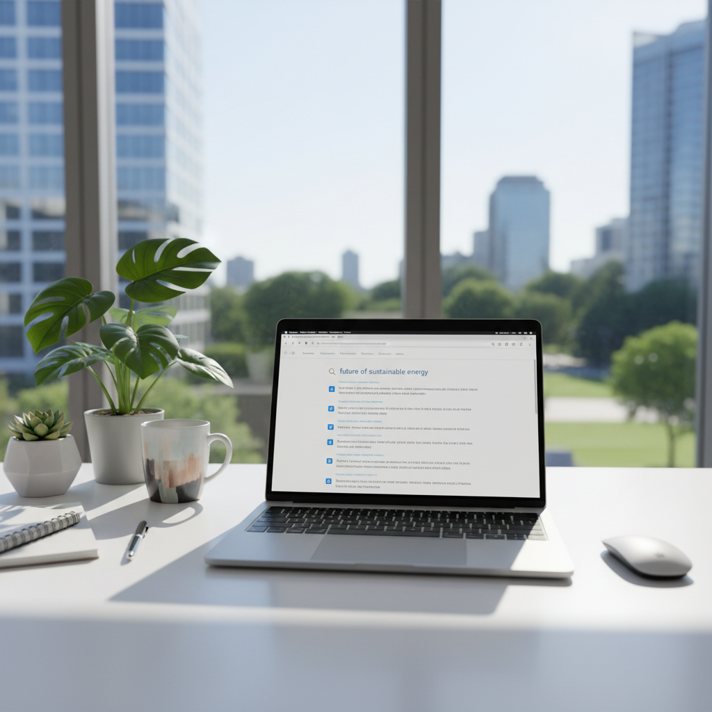 Bright modern office workspace with laptop showing Google search results analytics, white desk, natural daylight