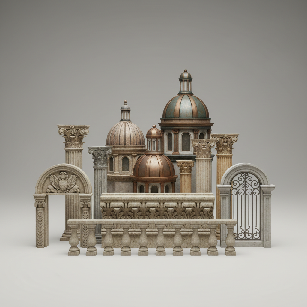 Architectural fiberglass dome and columns installed on a classical building exterior, bright sky background, crisp natural daylight