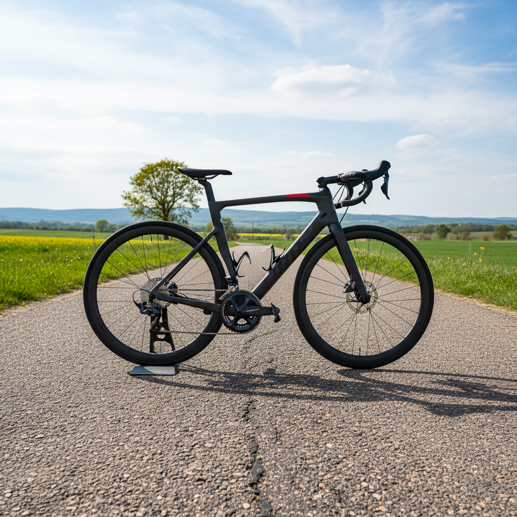 Sleek road bike on smooth asphalt, bright overcast sky, minimalist composition, cool grey tones