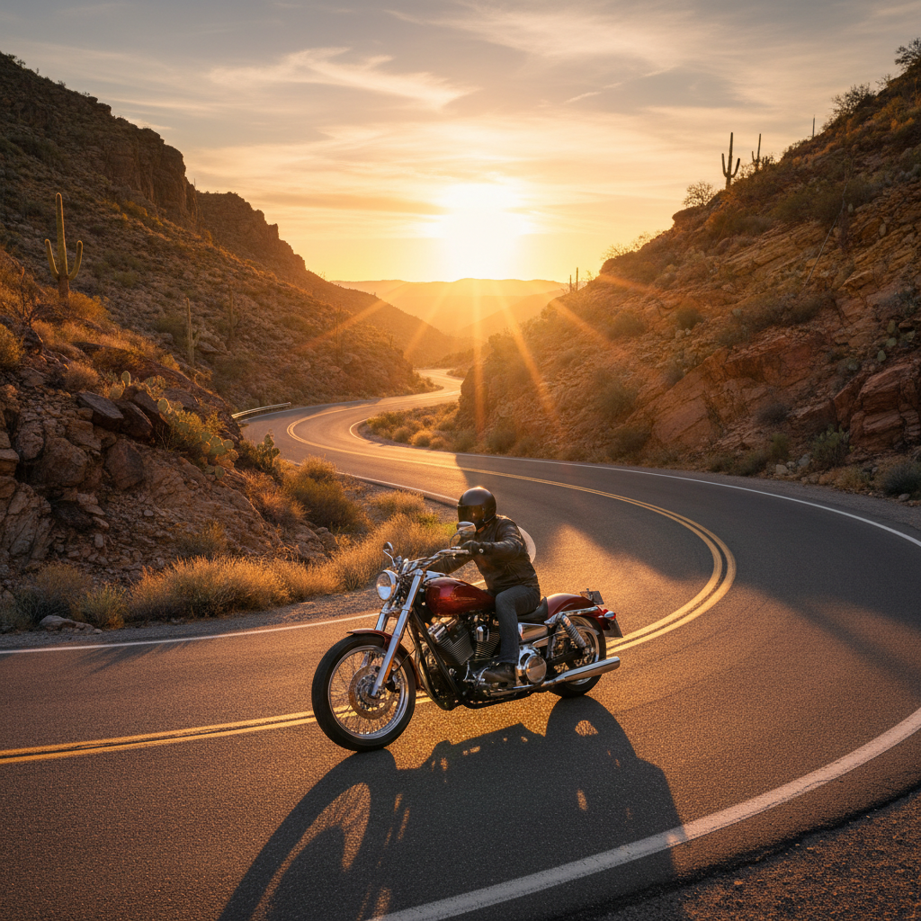 Cruiser motorcycle rolling through golden canyon switchbacks at sunset