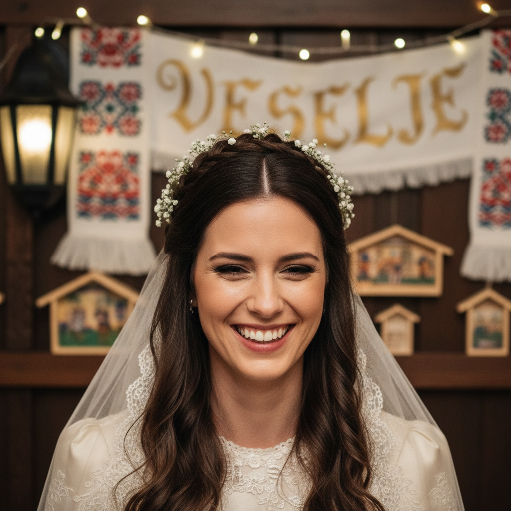 Smiling bride with dark hair at her Slovenian-themed wedding reception