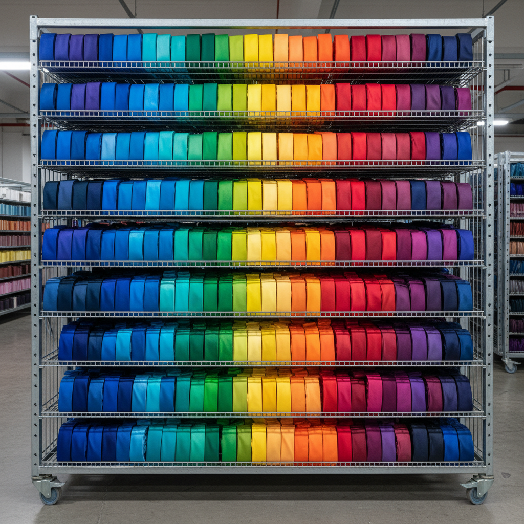 Warehouse rack of folded silk ties in graduated color spectrum