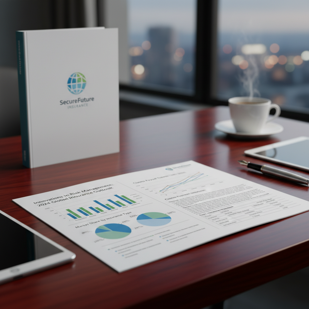 Professional insurance whitepaper document with charts and data visualizations on desk