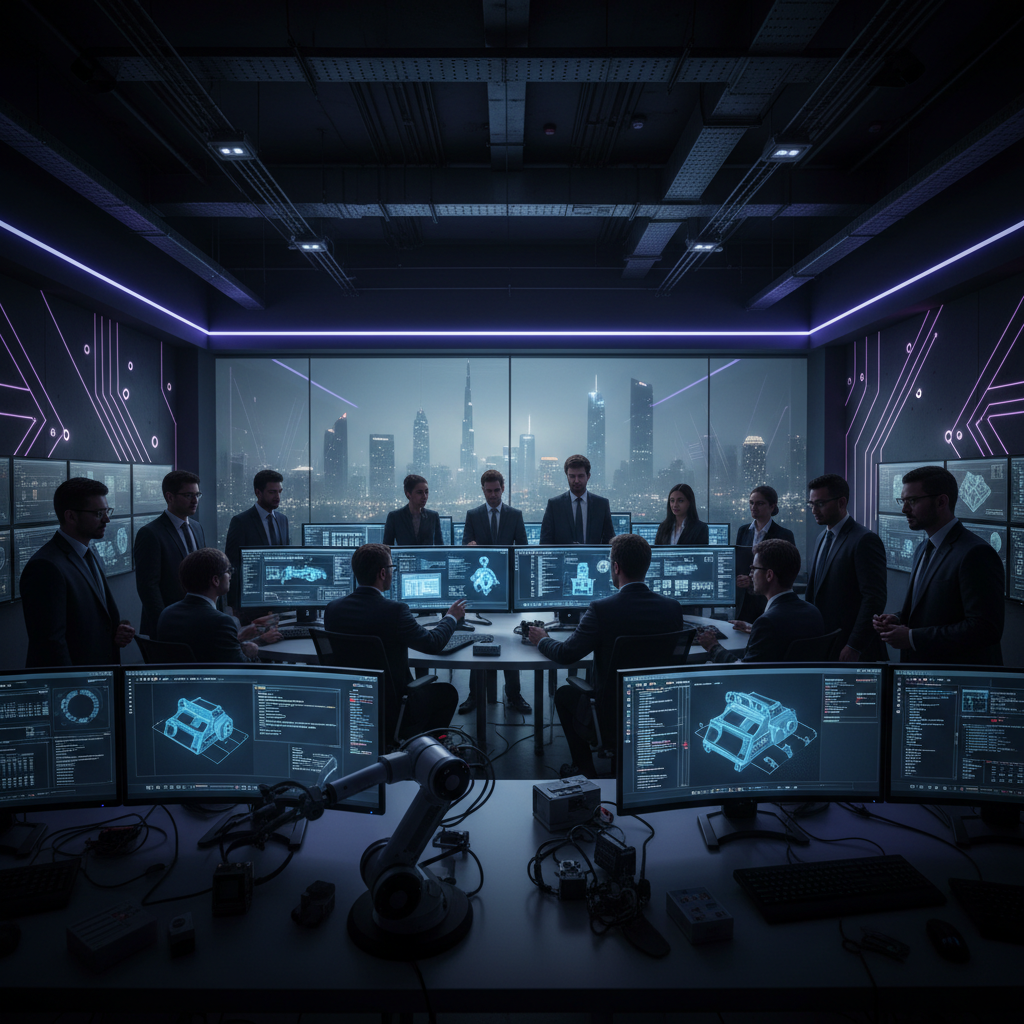 IT professionals reviewing technical architecture diagrams on large monitors in a modern dark office