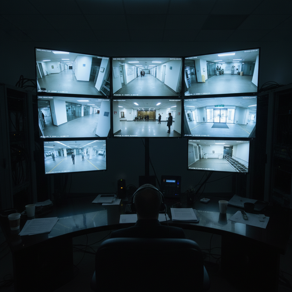 Dark industrial security control room with multiple surveillance monitors displaying live camera feeds, deep shadows, steel walls, low-key atmospheric lighting