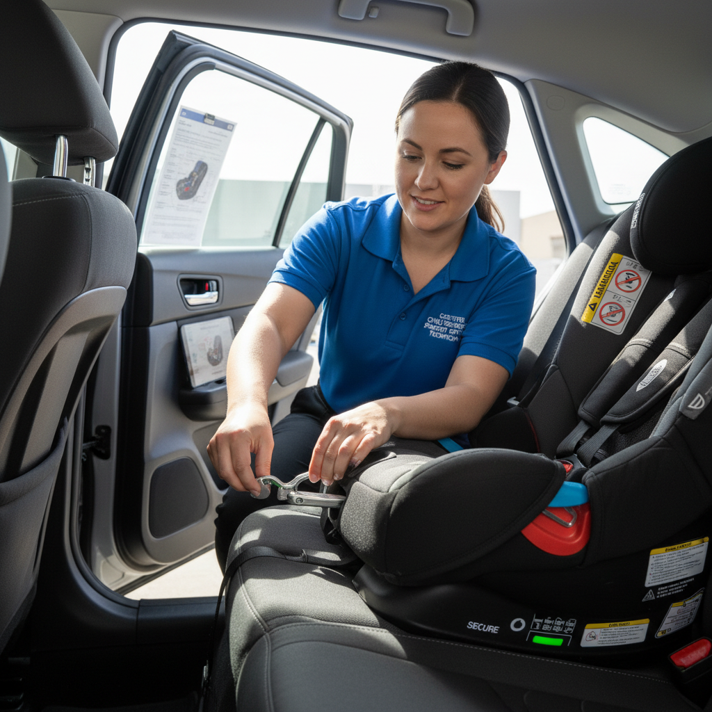 Car seat installation demonstration with a certified technician showing proper latch system