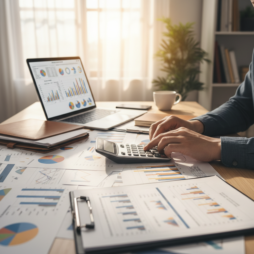 Financial planning charts and graphs spread across a desk with a calculator and pen