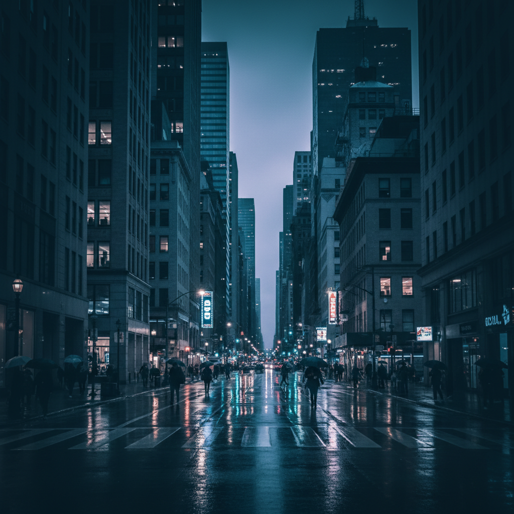 Urban street at night with dark alleyways, moody police-scene lighting, deep shadows, atmospheric low-key environment, wet reflective pavement