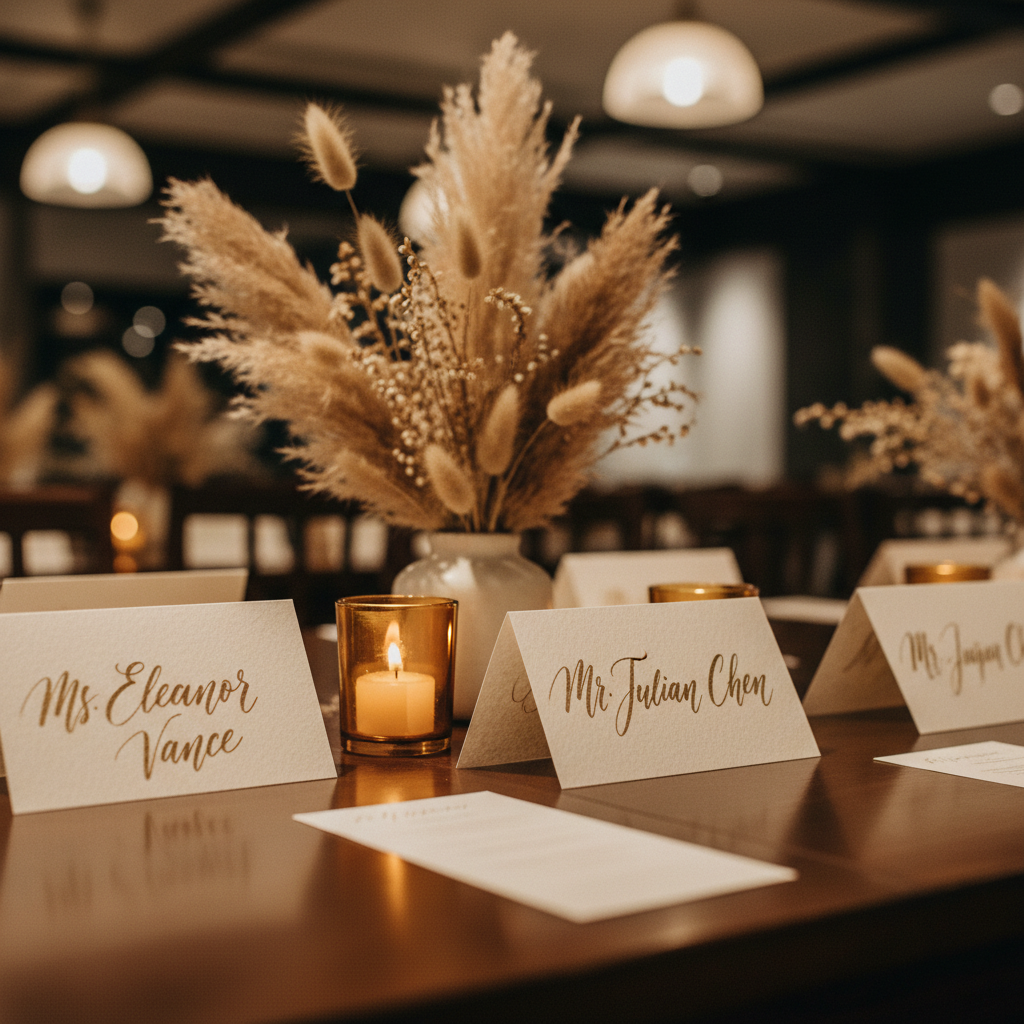 Close-up of corporate event table with hand-lettered place cards, amber votives, and dried pampas grass centerpieces