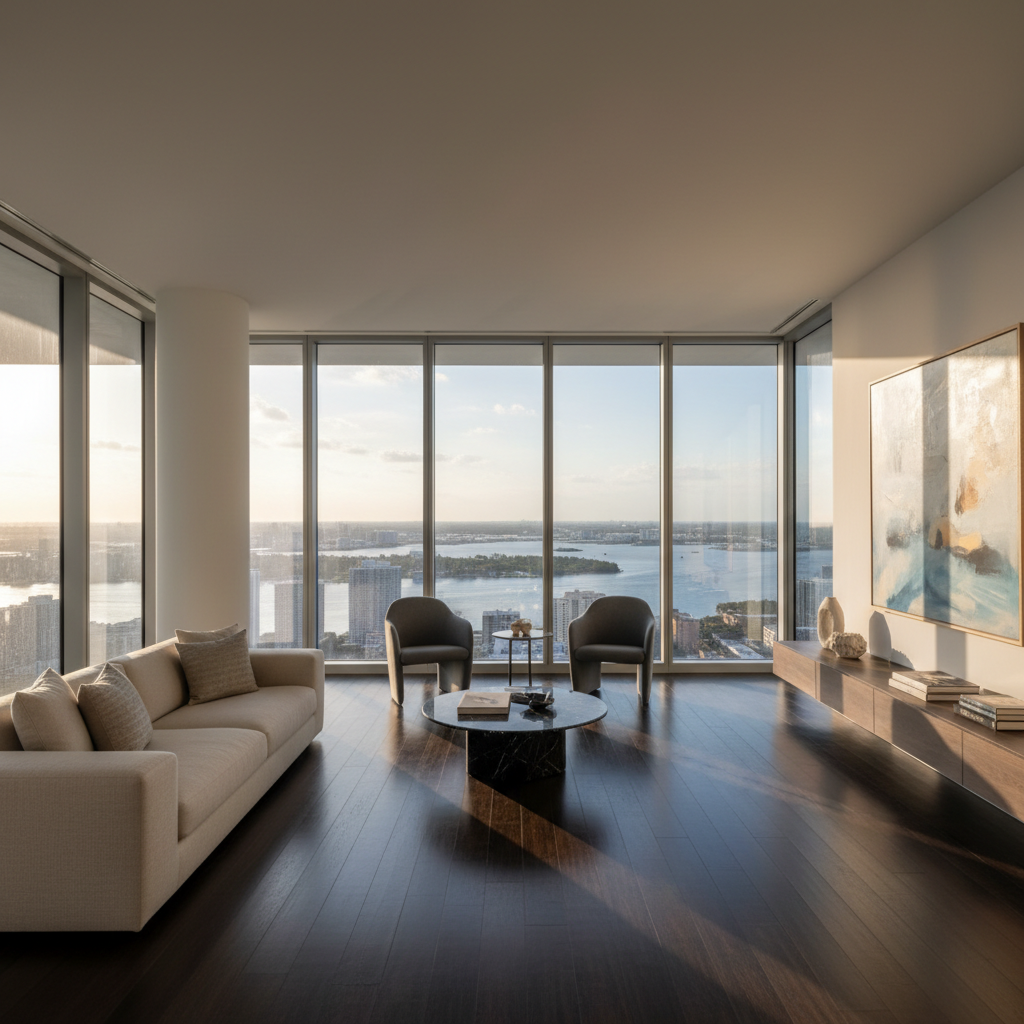 Bright airy luxury Miami condo interior with floor-to-ceiling windows and ocean view