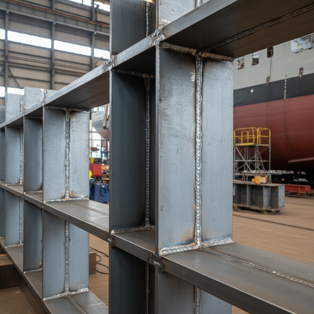 Close-up of hull steel plate with weld seam and structural ribs