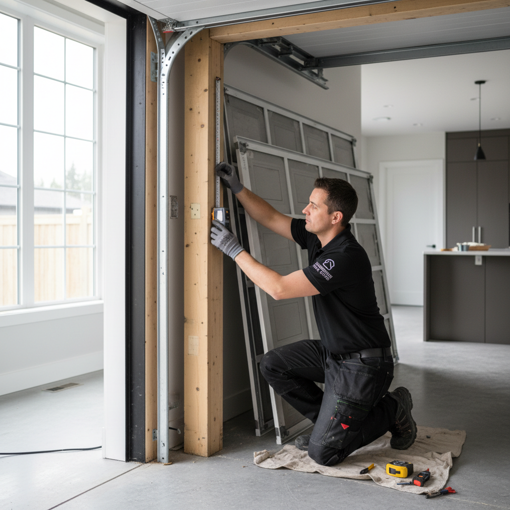 Marcus Thompson, Gate technician, measuring a garage door frame in a Scarborough home, pencil behind ear, new door panel leaning against the wall