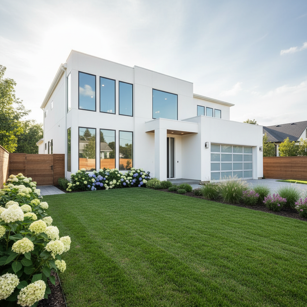 Bright modern two-story family home exterior with clean lines, large windows, attached garage, and tidy landscaping in daylight