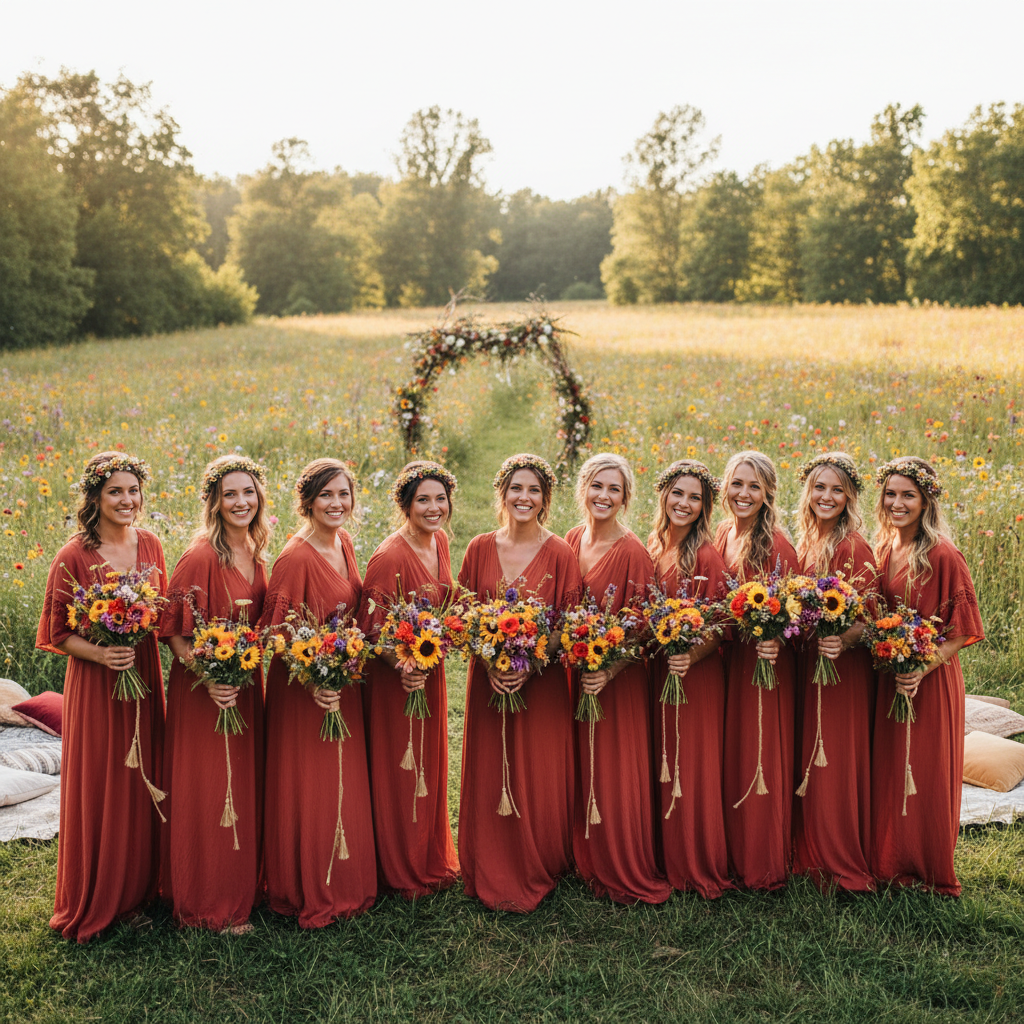 Nine bridesmaids in cinnabar dresses at bohemian outdoor ceremony with wildflower meadow backdrop