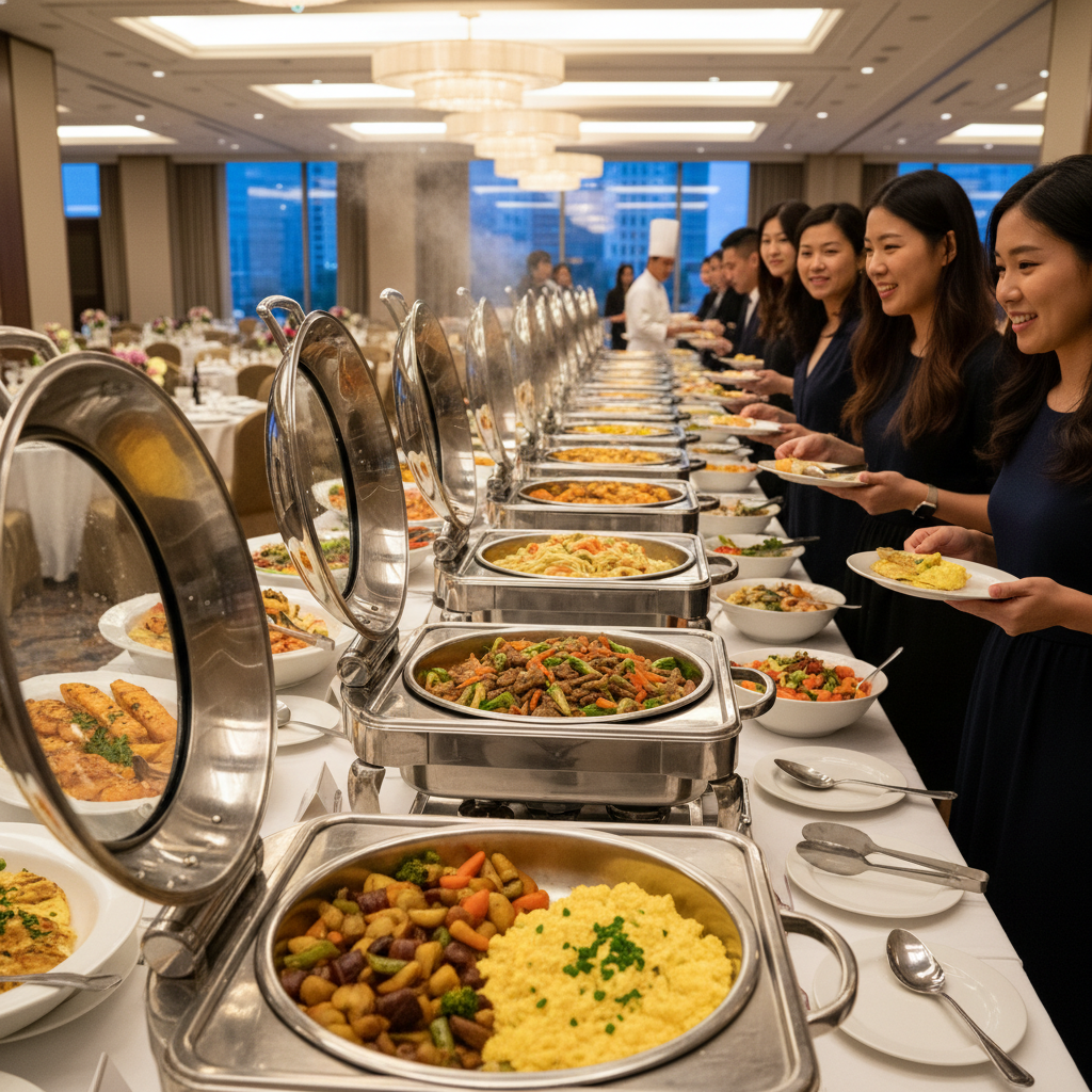 Generic hotel banquet buffet with standard chafing dishes