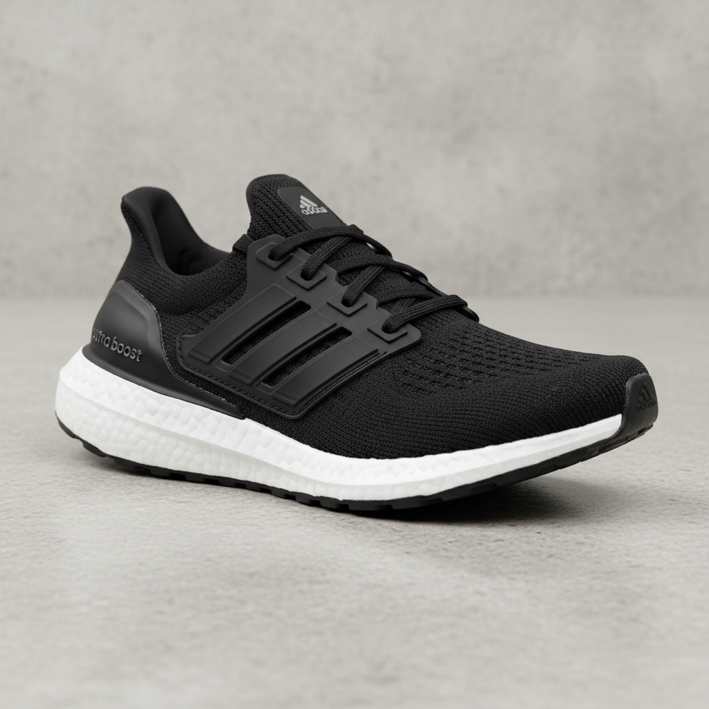 Adidas Ultraboost 22 running shoes in black and white on dark surface