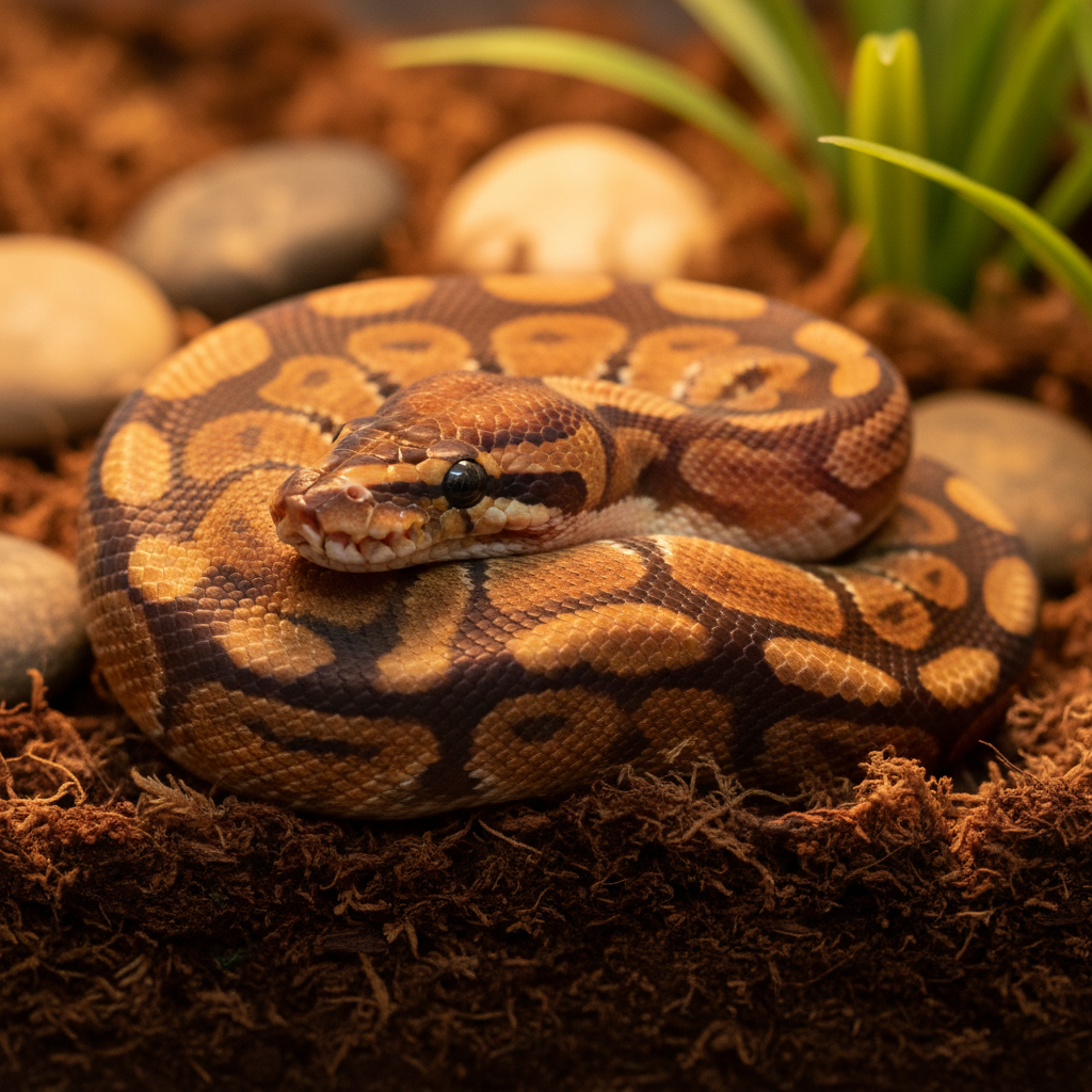 Orange fire enchi ball python resting calmly on substrate in warm-lit enclosure