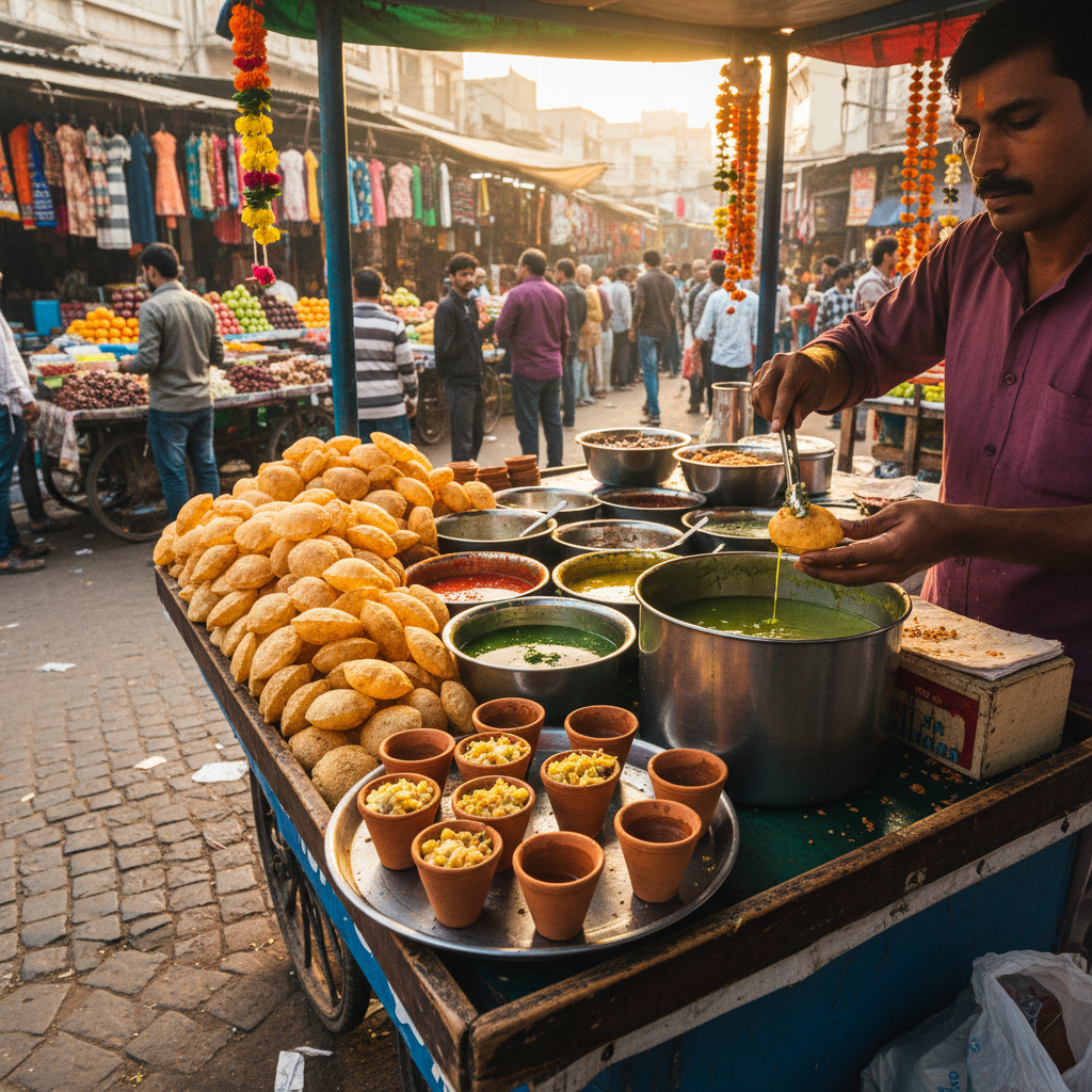 Golgappa pani puri street food with tamarind water and spiced filling, colourful market setting