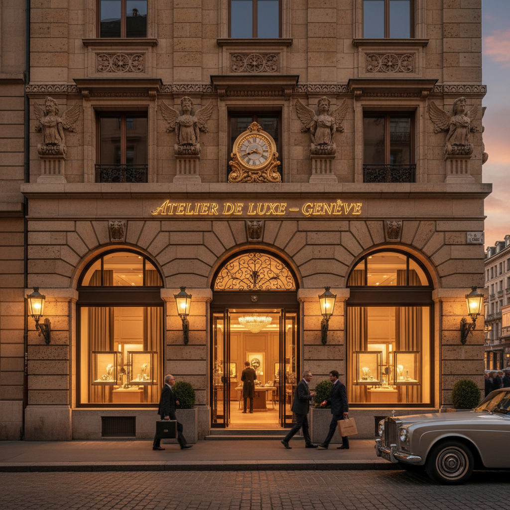 Geneva luxury boutique exterior, historic stone building, gold signage, evening light