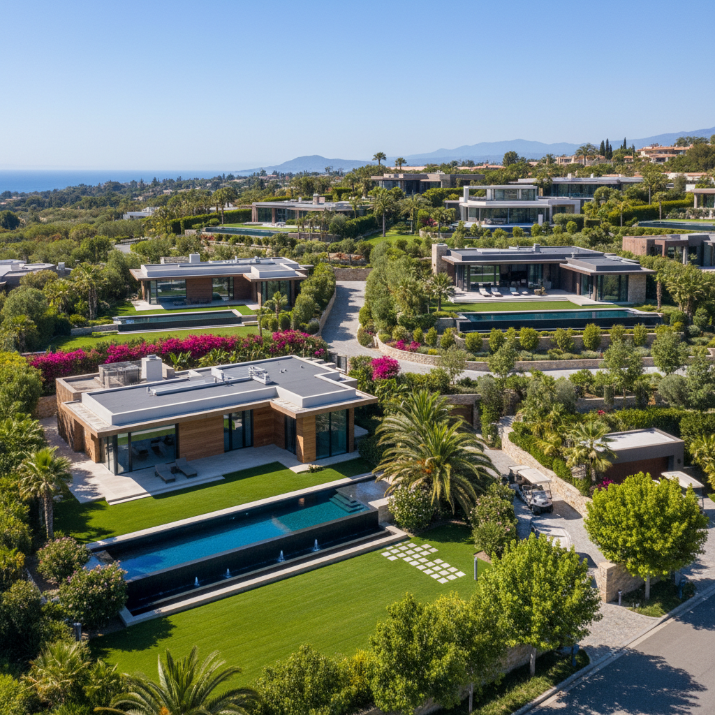 Aerial view of luxury villa complex with multiple pools and manicured gardens, Costa del Sol coastline