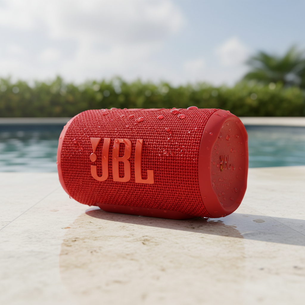 Colorful waterproof speaker mounted on a white tiled shower wall, water droplets visible, bright bathroom