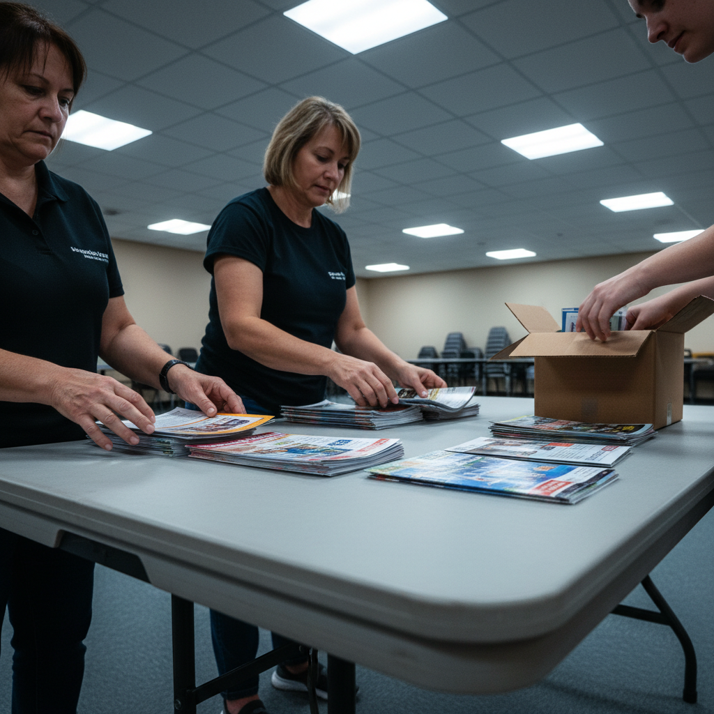 Three generations of hands sorting organizing pamphlets on a folding table under fluorescent light