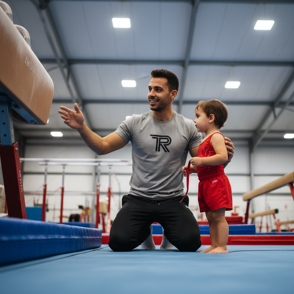 Male gymnastics coach Tomás Rivera kneeling down at a child's eye level in a gym