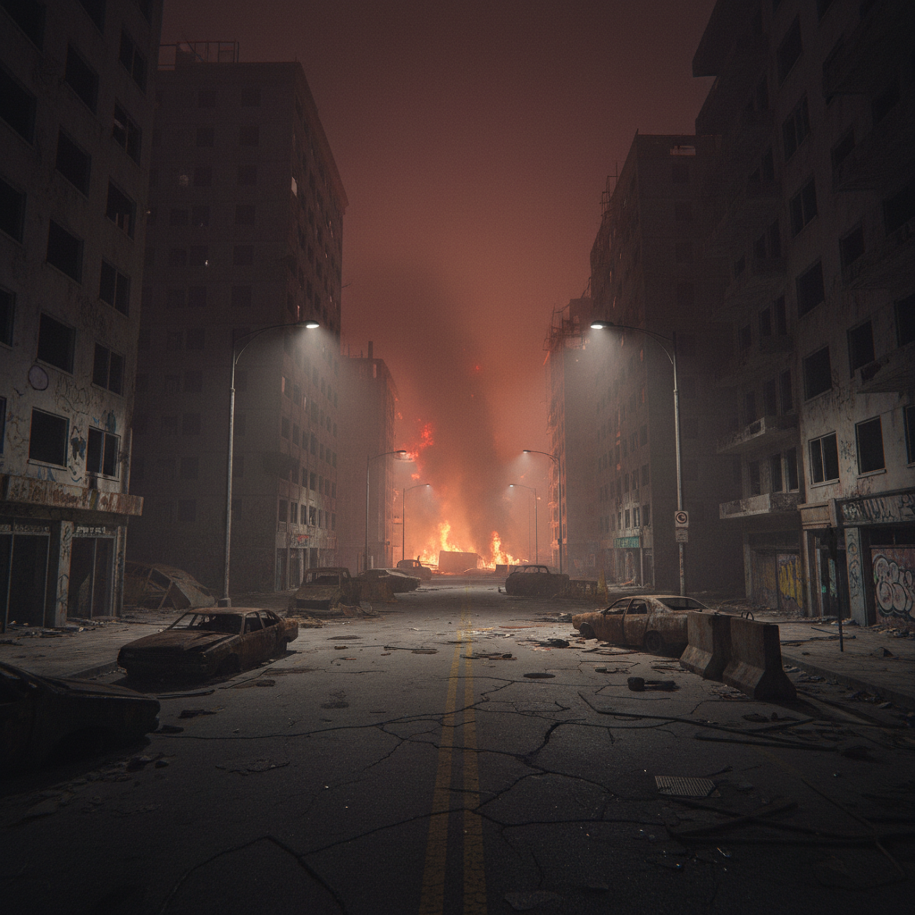 Dark post-apocalyptic city street with dramatic lighting and fog in a VR game