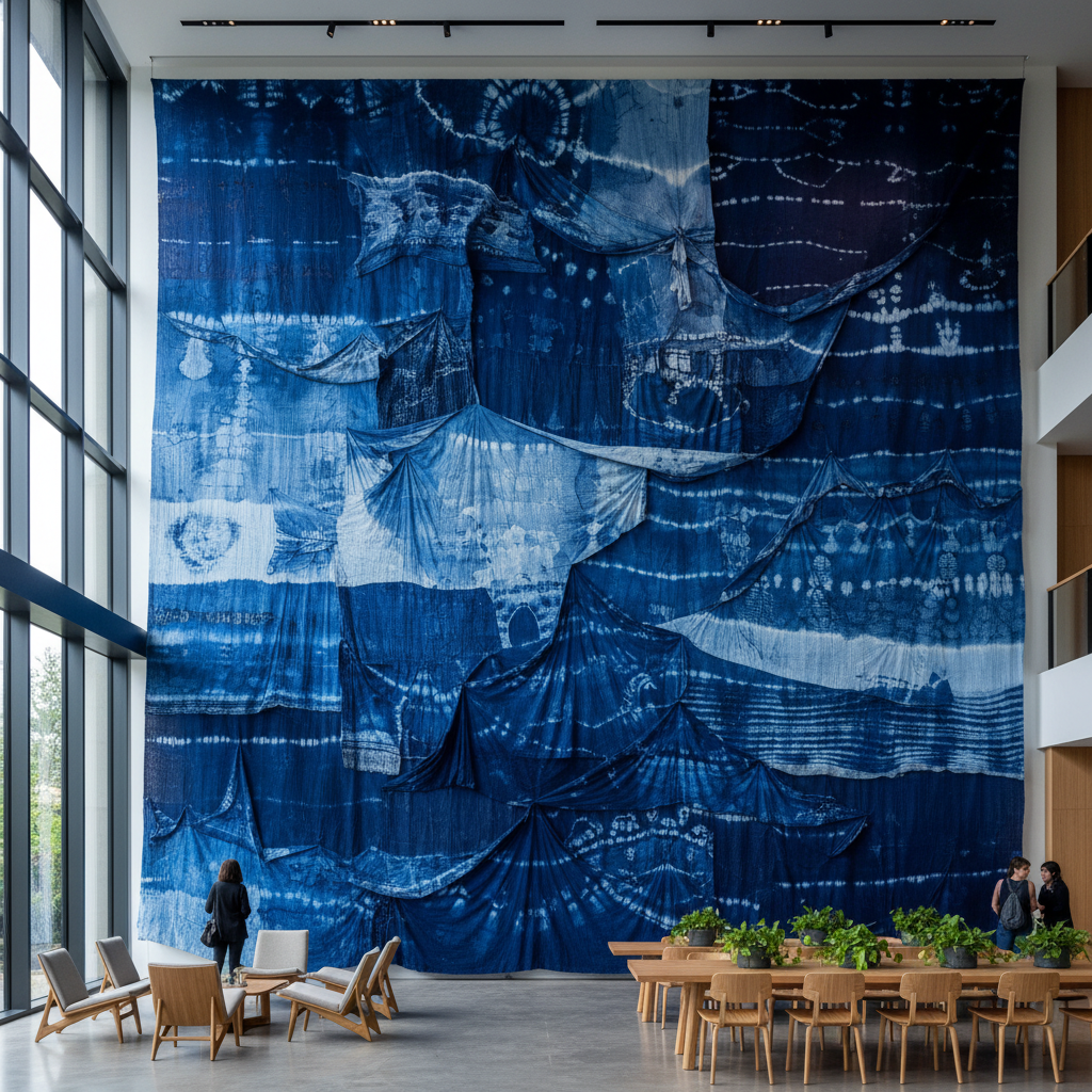 Large-scale commissioned textile installation in contemporary hospitality space showing indigo-dyed work spanning a double-height wall