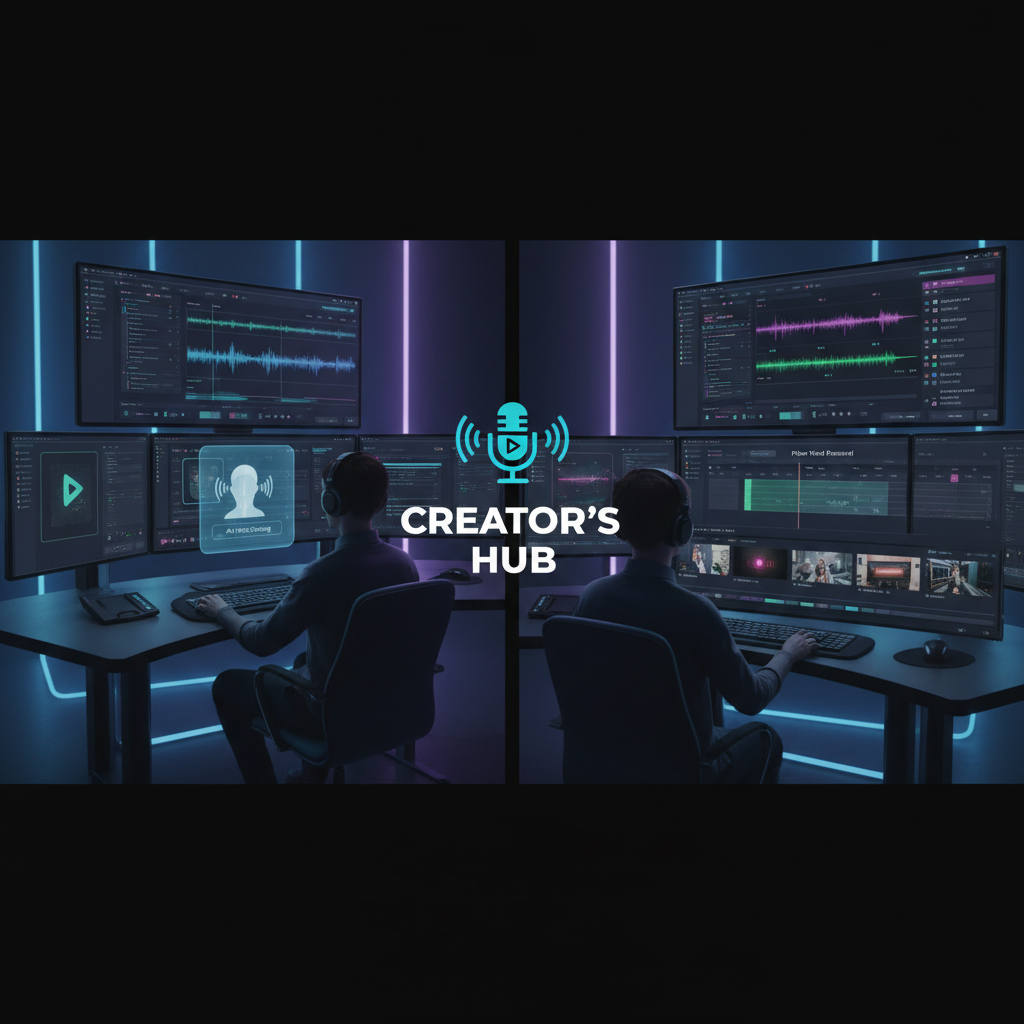 Film editing suite with multiple screens showing timeline and footage review in dark room