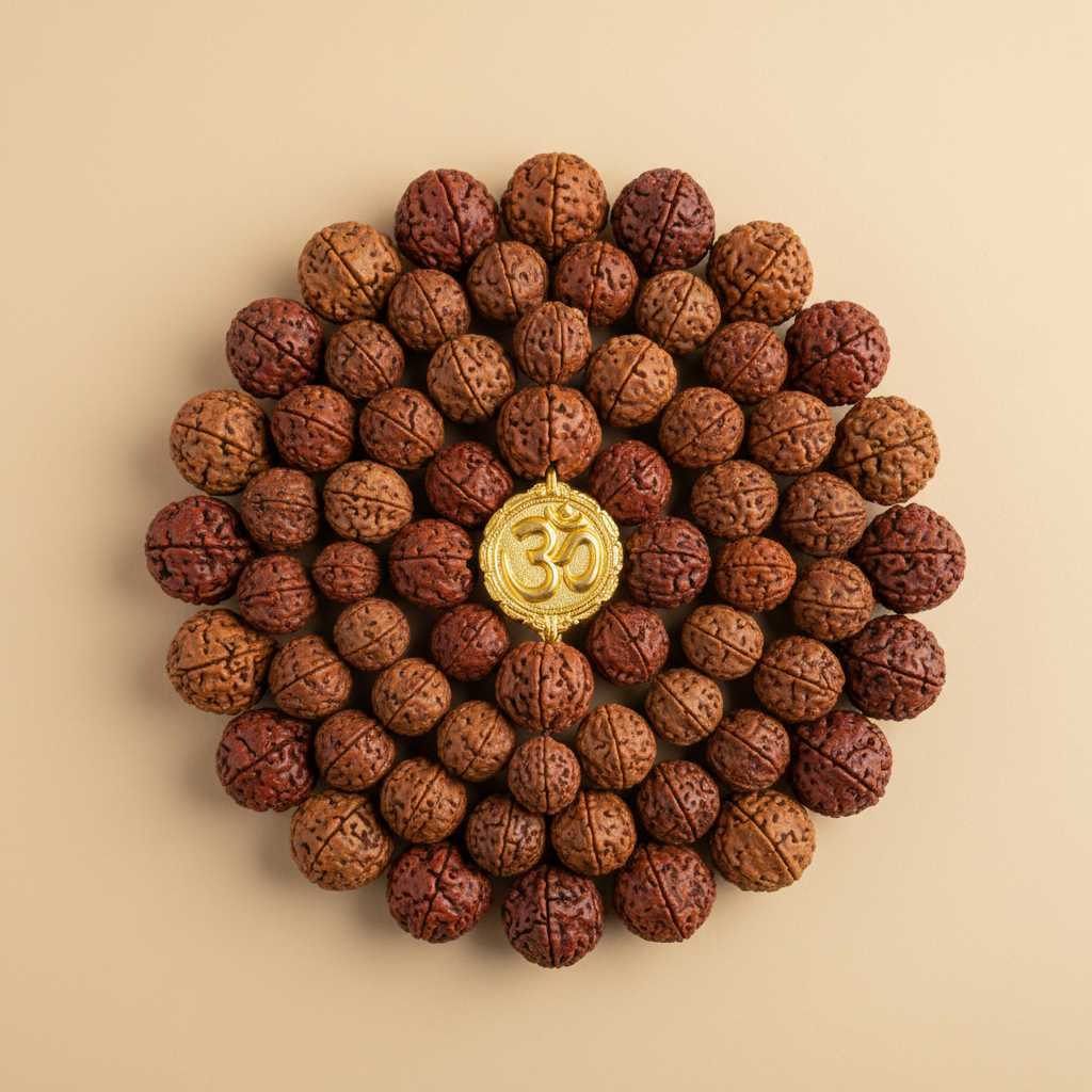 Rudraksha power bracelet close-up showing natural bead markings and gold spacers