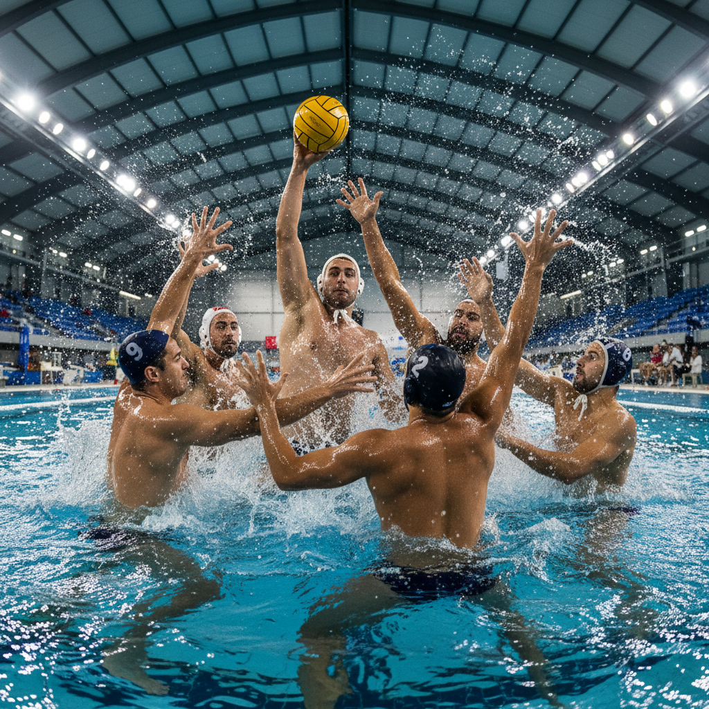 Six water polo players in a tense game moment, arms raised and bodies colliding for ball position