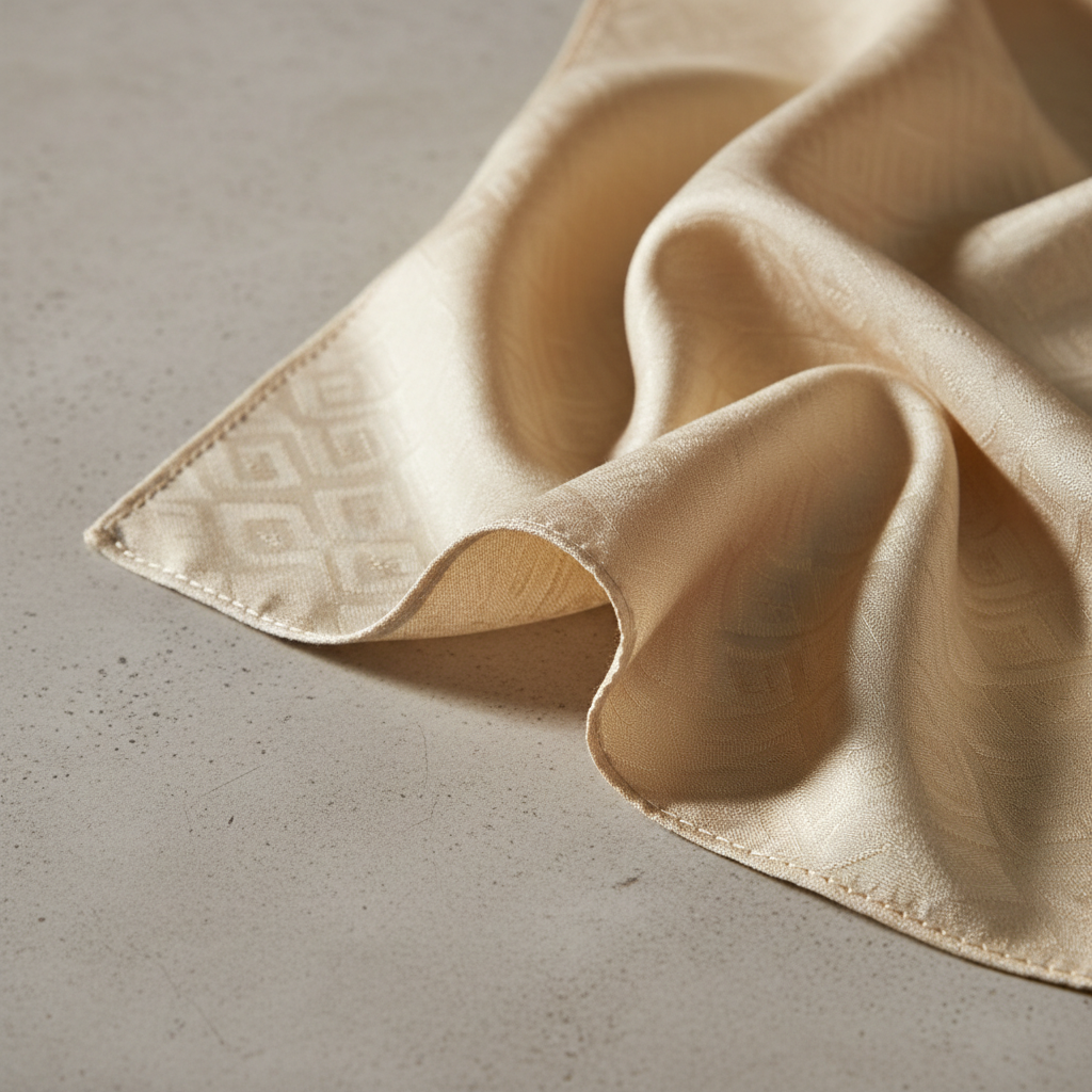 Close-up of hand-finished silk scarf fabric showing lustrous weave and rolled hem detail