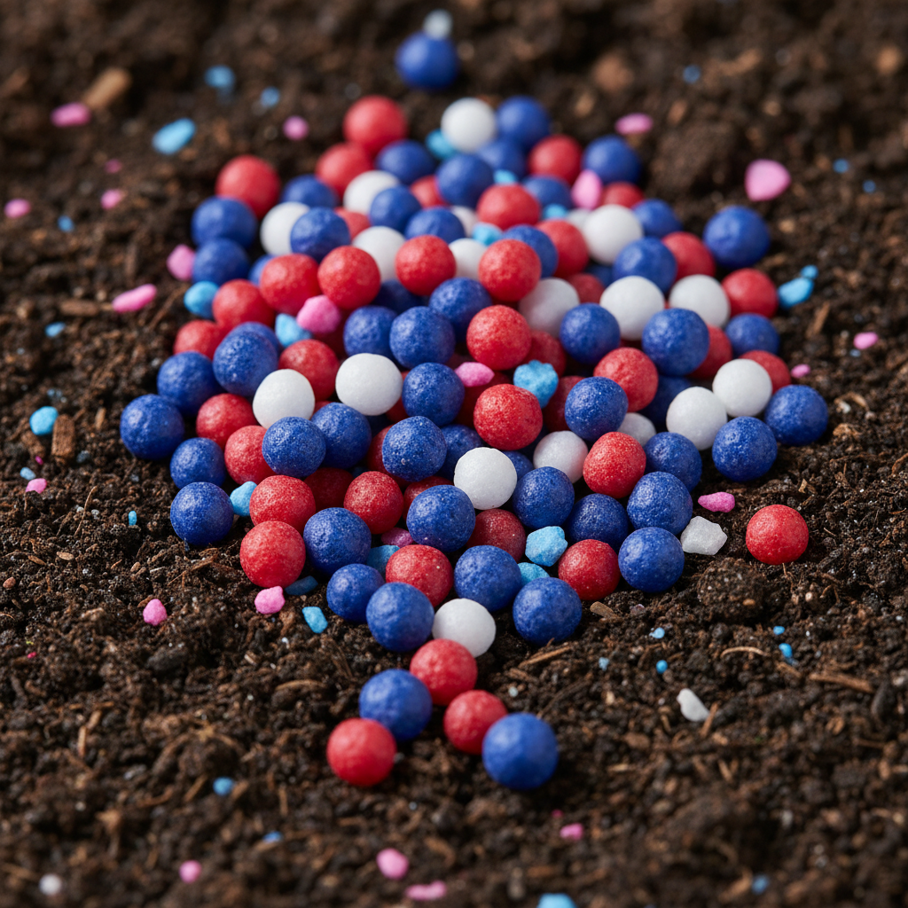 Mixed NPK fertilizer granules in field, colorful granules, bright outdoor lighting