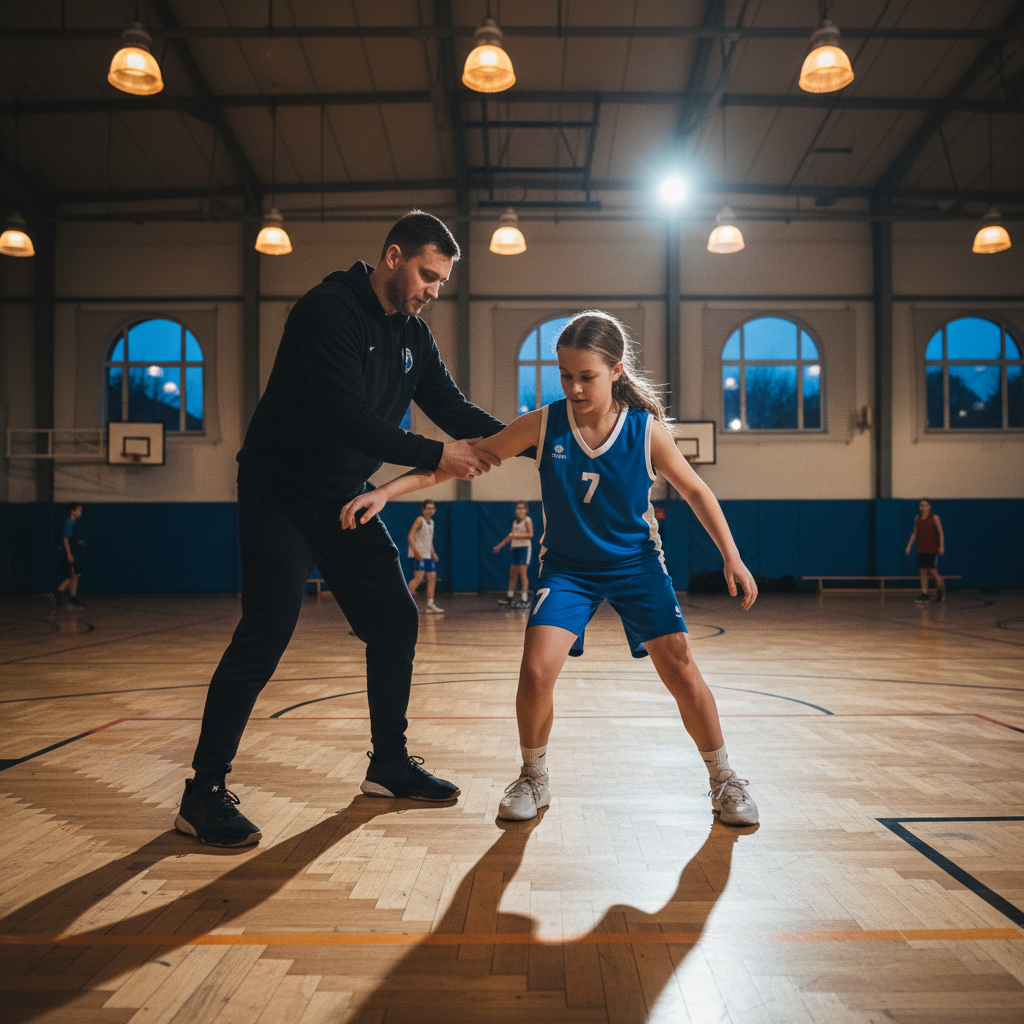 Coach correcting arm angle of player mid-drill in sports hall, amber overhead lights