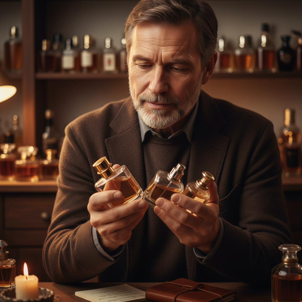 Luxury perfume bottles in dim atmospheric setting, dark shadows, warm amber candlelight, moody studio environment