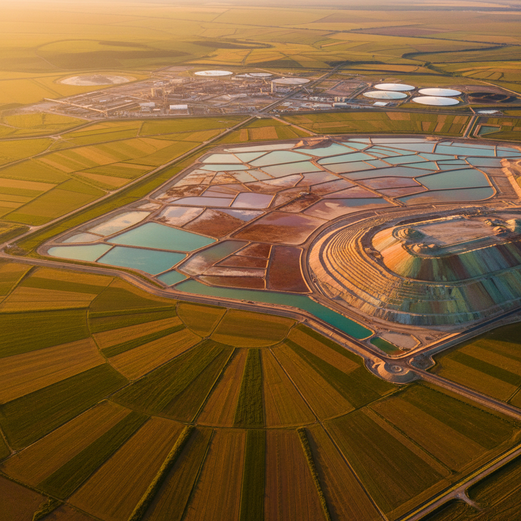 Aerial view of vast potash mining operation at golden hour with tailings pile glowing amber and green reclamation fields quilting the perimeter