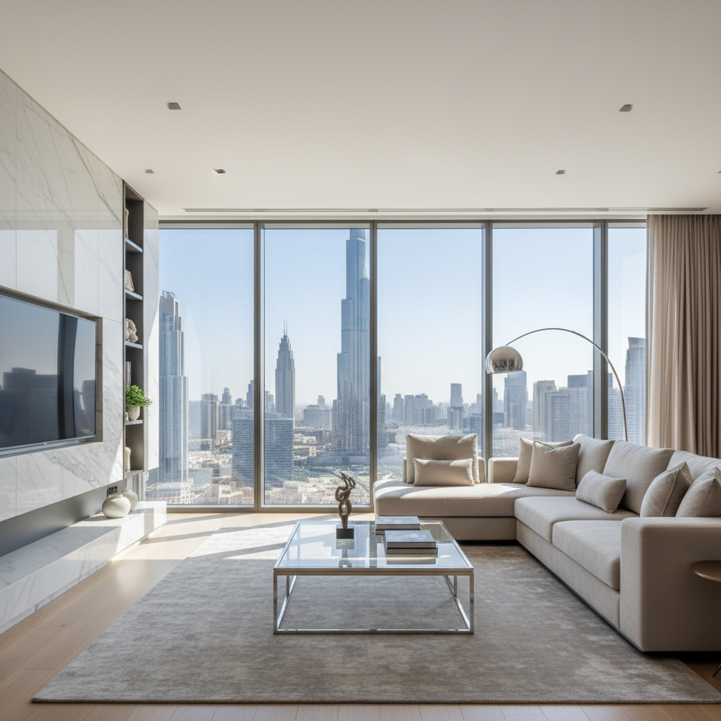 Luxury apartment with Burj Khalifa view from the living room in Downtown Dubai