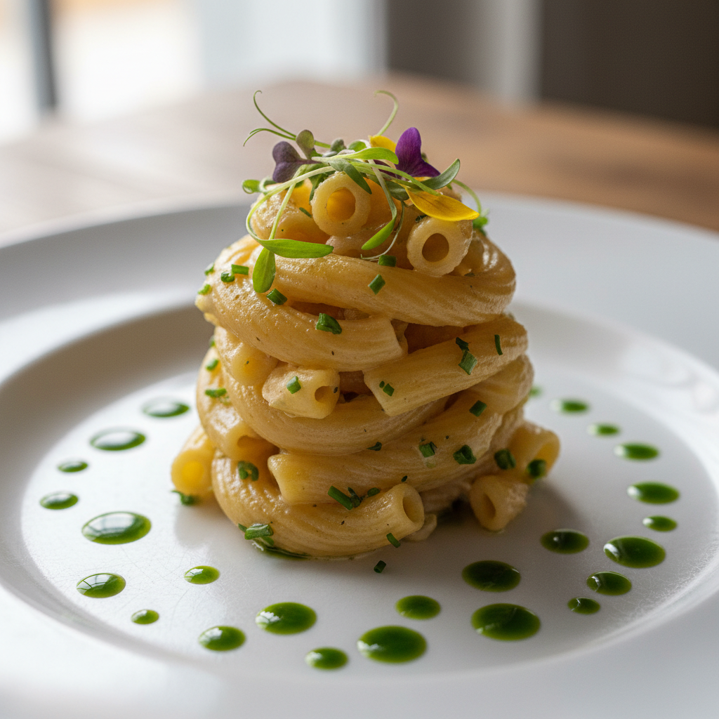 Pasta dish with intricate plating and herb oil dots on white plate